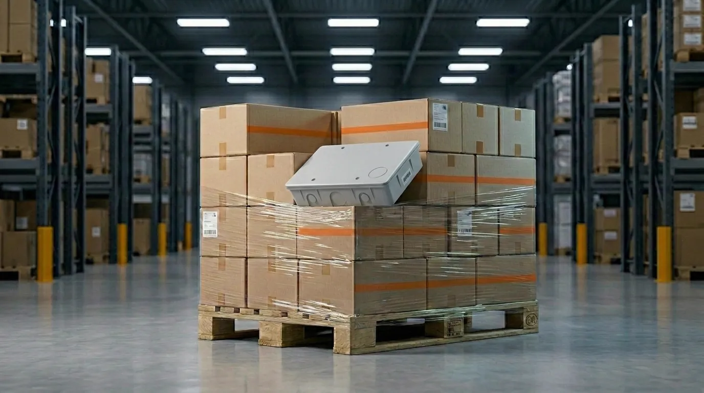 Pallet de Cajas PAU paletizadas en bodega de distribución.
