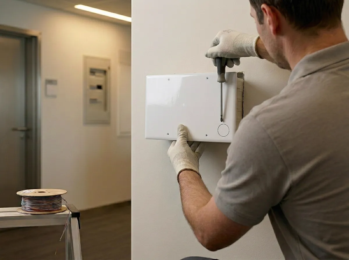 Técnico integrador de telecomunicaciones instalando la Caja PAU en muro interior terminado.