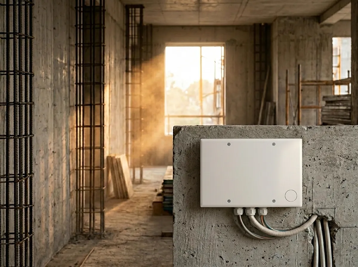 Caja PAU instalada en obra residencial sobre muro de concreto, junto a estructura de varilla con luz natural.